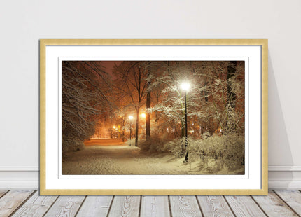 Winter scene at night. Framed picture with choice of frame colours.