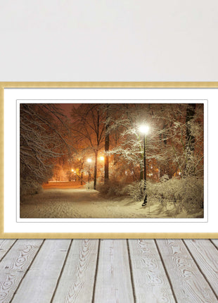 Winter scene at night. Framed picture with choice of frame colours.