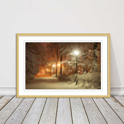 Winter scene at night. Framed picture with choice of frame colours.