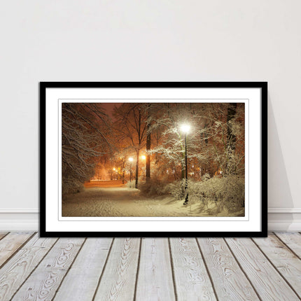 Winter scene at night. Framed picture with choice of frame colours.