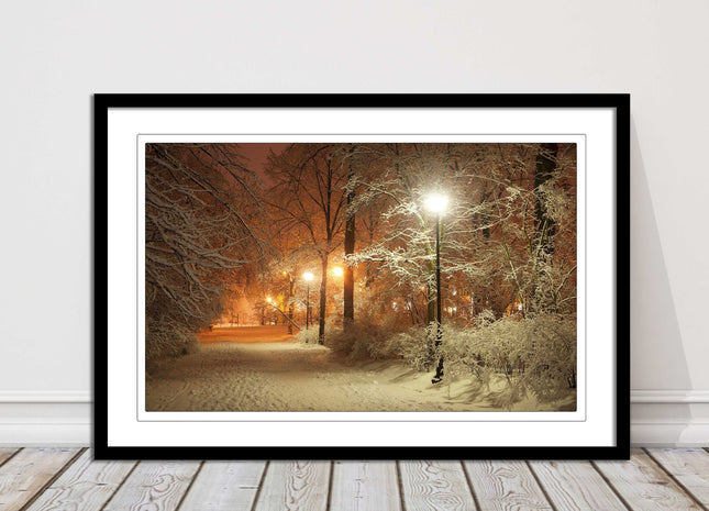 Winter scene at night. Framed picture with choice of frame colours.