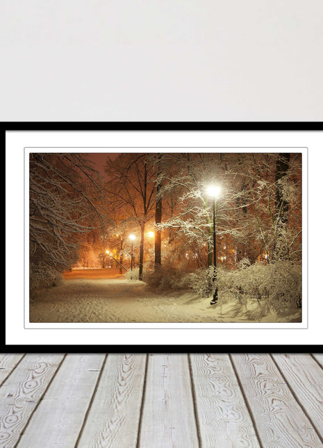 Winter scene at night. Framed picture with choice of frame colours.