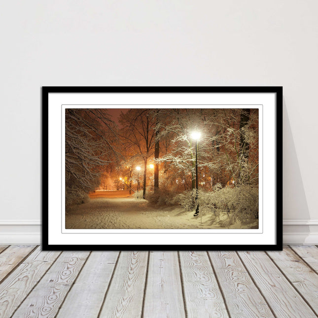 Winter scene at night. Framed picture with choice of frame colours.