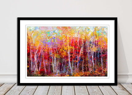 Colourful Autumn trees. Oil painting vibrant colours framed picture print choice
