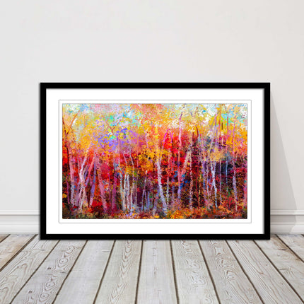 Colourful Autumn trees. Oil painting vibrant colours framed picture print choice