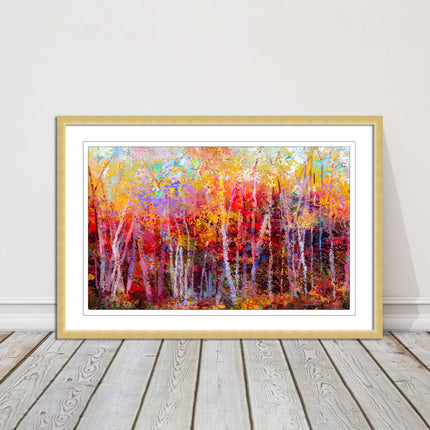 Colourful Autumn trees. Oil painting vibrant colours framed picture print choice