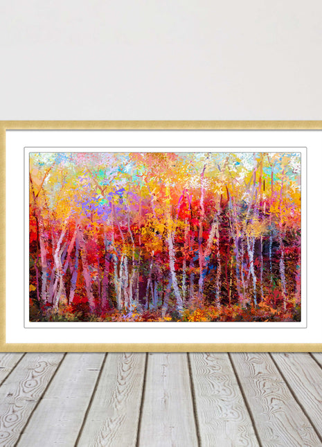 Colourful Autumn trees. Oil painting vibrant colours framed picture print choice