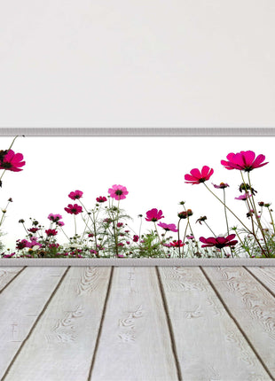 Pink wild flowers on a white background. Panoramic framed picture print