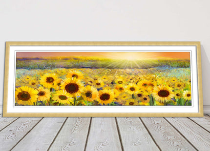 Sunflower field at sunset painting. Panoramic framed picture print. Choice of frame colour and border.