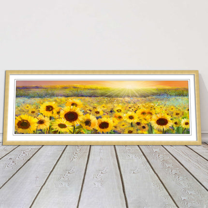 Sunflower field at sunset painting. Panoramic framed picture print. Choice of frame colour and border.