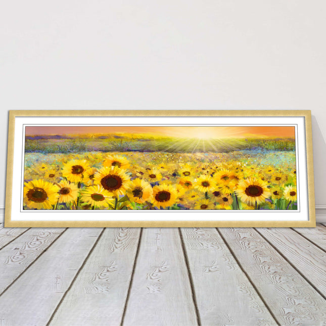 Sunflower field at sunset painting. Panoramic framed picture print. Choice of frame colour and border.