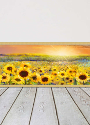 Sunflower field at sunset painting. Panoramic framed picture print. Choice of frame colour and border.