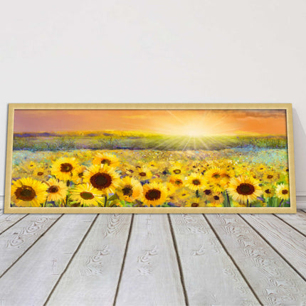Sunflower field at sunset painting. Panoramic framed picture print. Choice of frame colour and border.