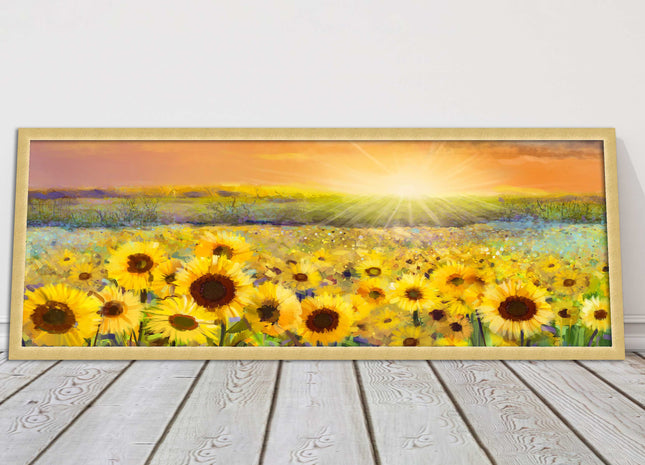 Sunflower field at sunset painting. Panoramic framed picture print. Choice of frame colour and border.
