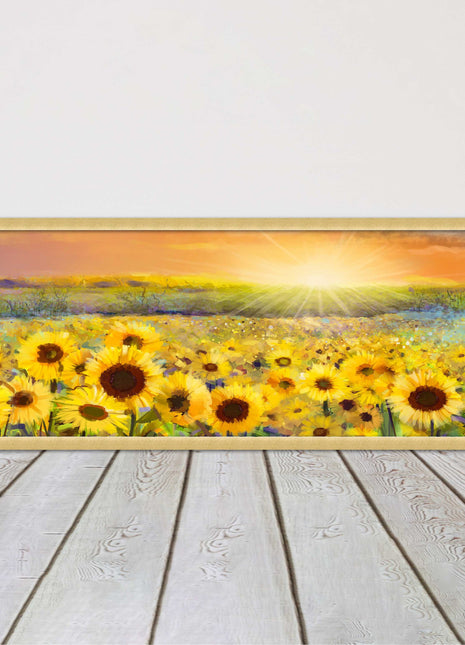 Sunflower field at sunset painting. Panoramic framed picture print. Choice of frame colour and border.