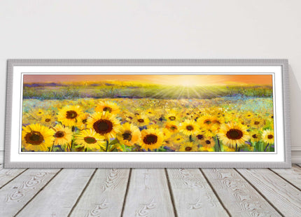 Sunflower field at sunset painting. Panoramic framed picture print. Choice of frame colour and border.