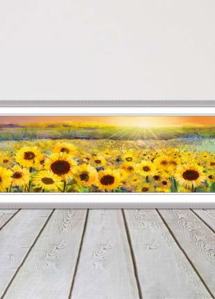 Sunflower field at sunset painting. Panoramic framed picture print. Choice of frame colour and border.