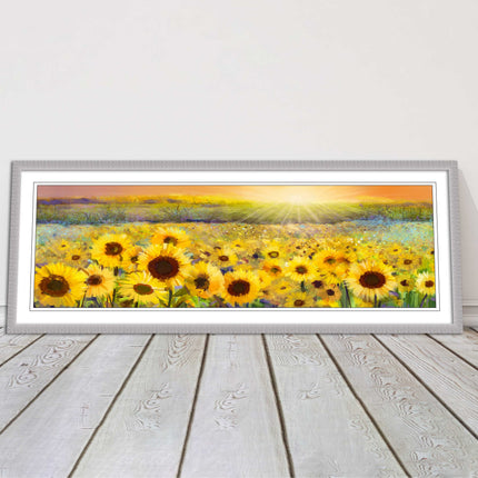 Sunflower field at sunset painting. Panoramic framed picture print. Choice of frame colour and border.