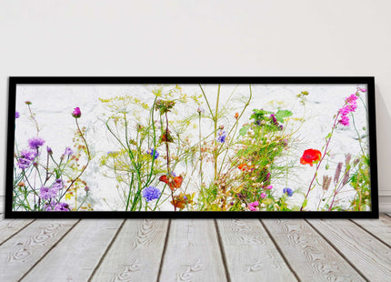 Multi coloured Wild flowers on a white background Panoramic framed picture print