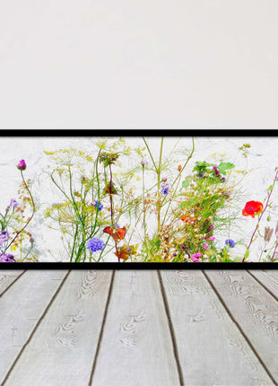 Multi coloured Wild flowers on a white background Panoramic framed picture print