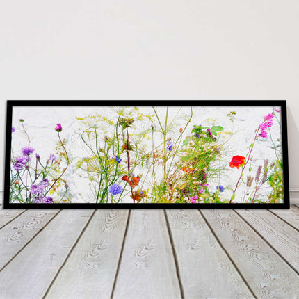 Multi coloured Wild flowers on a white background Panoramic framed picture print