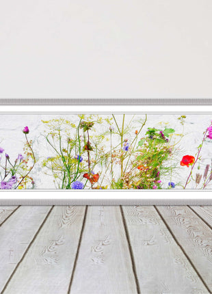 Multi coloured Wild flowers on a white background Panoramic framed picture print