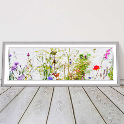Multi coloured Wild flowers on a white background Panoramic framed picture print