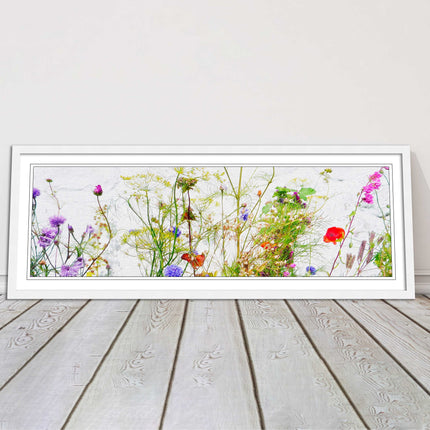 Multi coloured Wild flowers on a white background Panoramic framed picture print