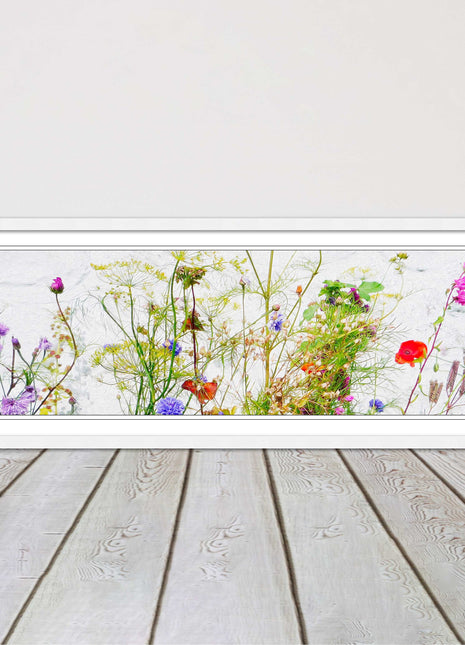 Multi coloured Wild flowers on a white background Panoramic framed picture print