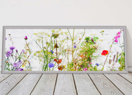 Multi coloured Wild flowers on a white background Panoramic framed picture print