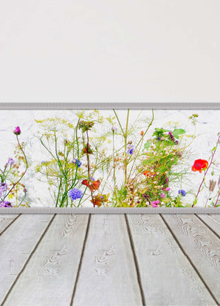 Multi coloured Wild flowers on a white background Panoramic framed picture print