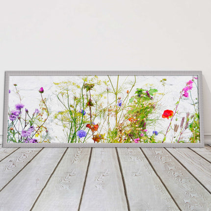 Multi coloured Wild flowers on a white background Panoramic framed picture print