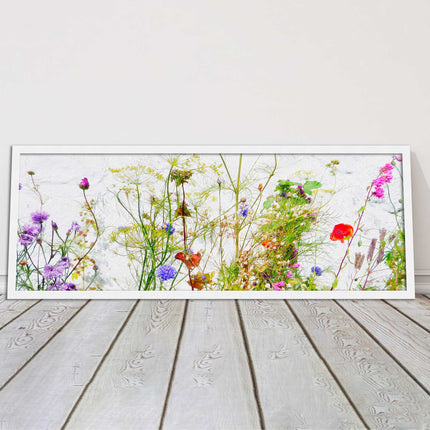 Multi coloured Wild flowers on a white background Panoramic framed picture print