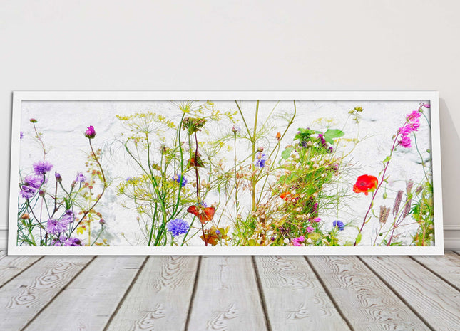 Multi coloured Wild flowers on a white background Panoramic framed picture print