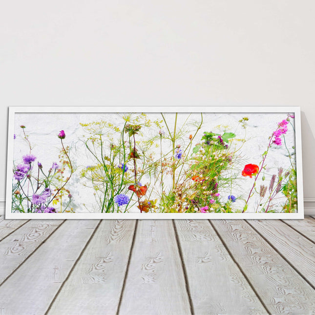 Multi coloured Wild flowers on a white background Panoramic framed picture print