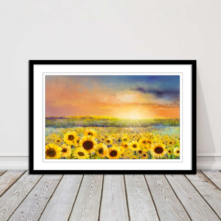 Sunflower field under a sunset. Framed picture with choice of frame colours.