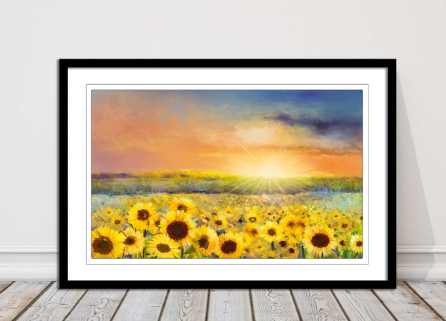 Sunflower field under a sunset. Framed picture with choice of frame colours.