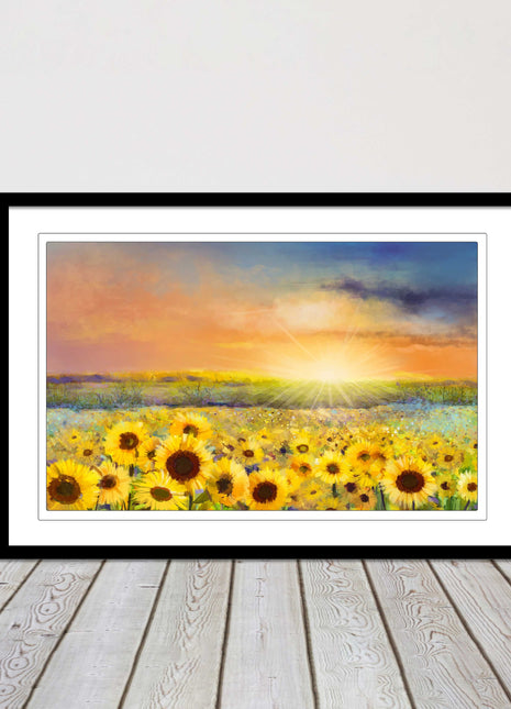 Sunflower field under a sunset. Framed picture with choice of frame colours.
