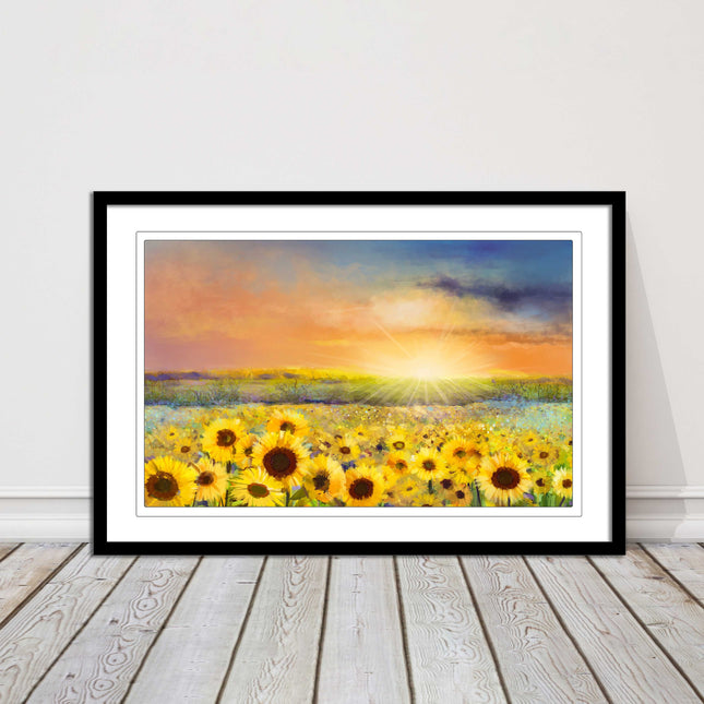 Sunflower field under a sunset. Framed picture with choice of frame colours.
