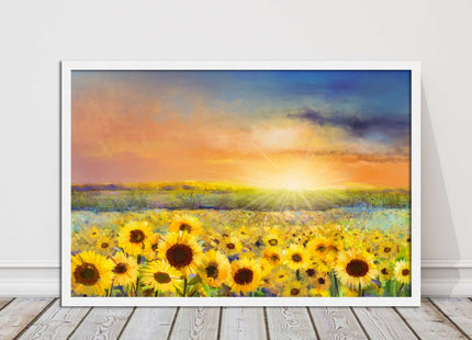 Sunflower field under a sunset. Framed picture with choice of frame colours.