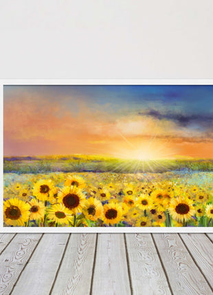 Sunflower field under a sunset. Framed picture with choice of frame colours.