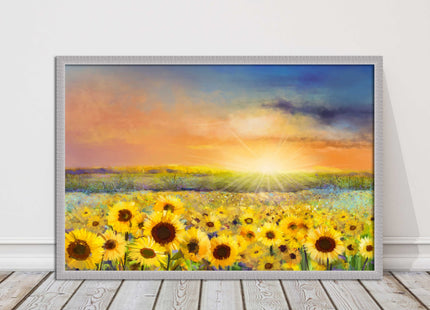 Sunflower field under a sunset. Framed picture with choice of frame colours.