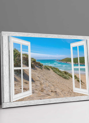 Window frame art looking onto crantock baeach newquay cornwall canvas picture