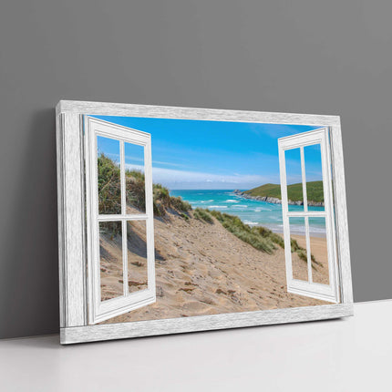 Window frame art looking onto crantock baeach newquay cornwall canvas picture