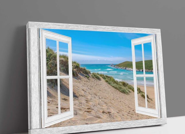 Window frame art looking onto crantock baeach newquay cornwall canvas picture