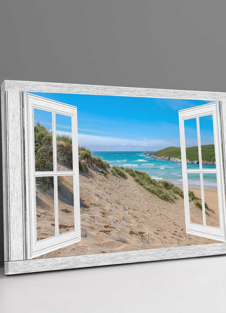 Window frame art looking onto crantock baeach newquay cornwall canvas picture