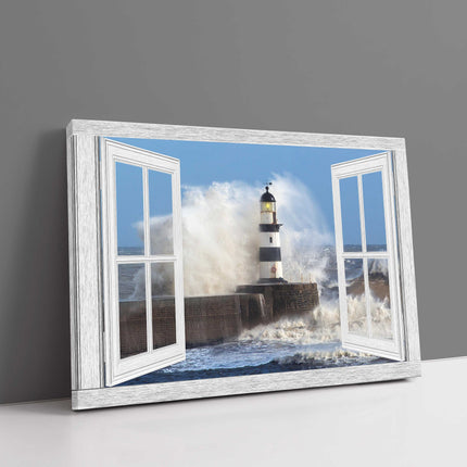 window frame looking at lighthouse and waves crashing open canvas picture print