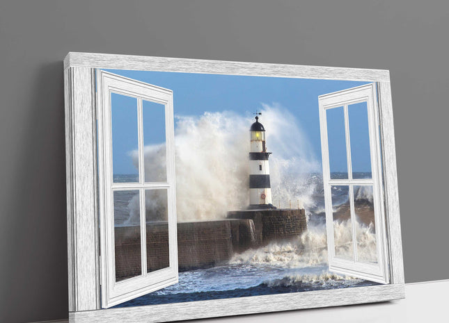 window frame looking at lighthouse and waves crashing open canvas picture print