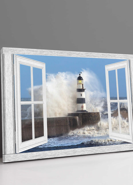 window frame looking at lighthouse and waves crashing open canvas picture print