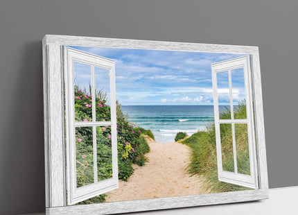Window frame fistral beach path open window canvas picture print